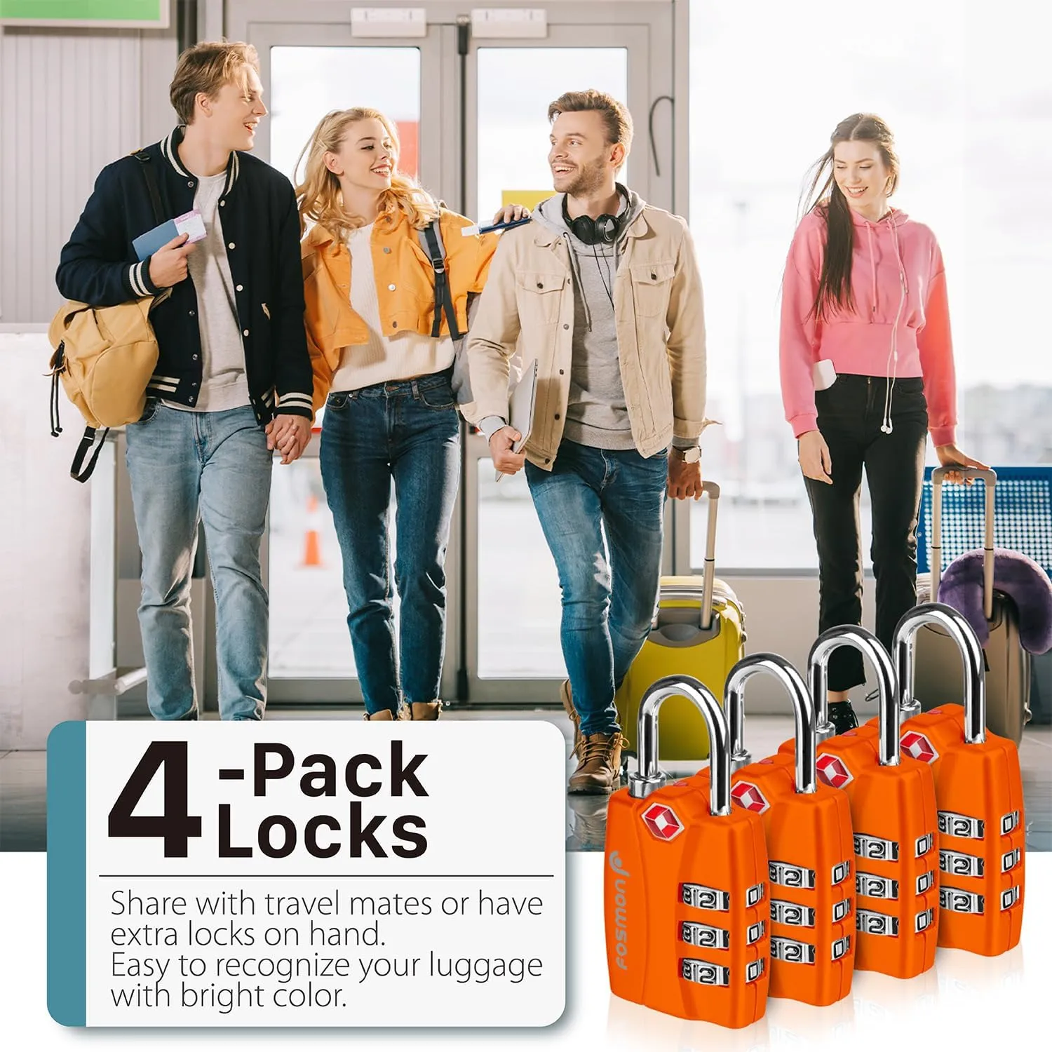Fosmon TSA Accepted Luggage Locks (Orange - 4 Packs), Open Alert Indicator 3 Digit Combination Padlock Codes for Travel Bag, Suit Case, Lockers