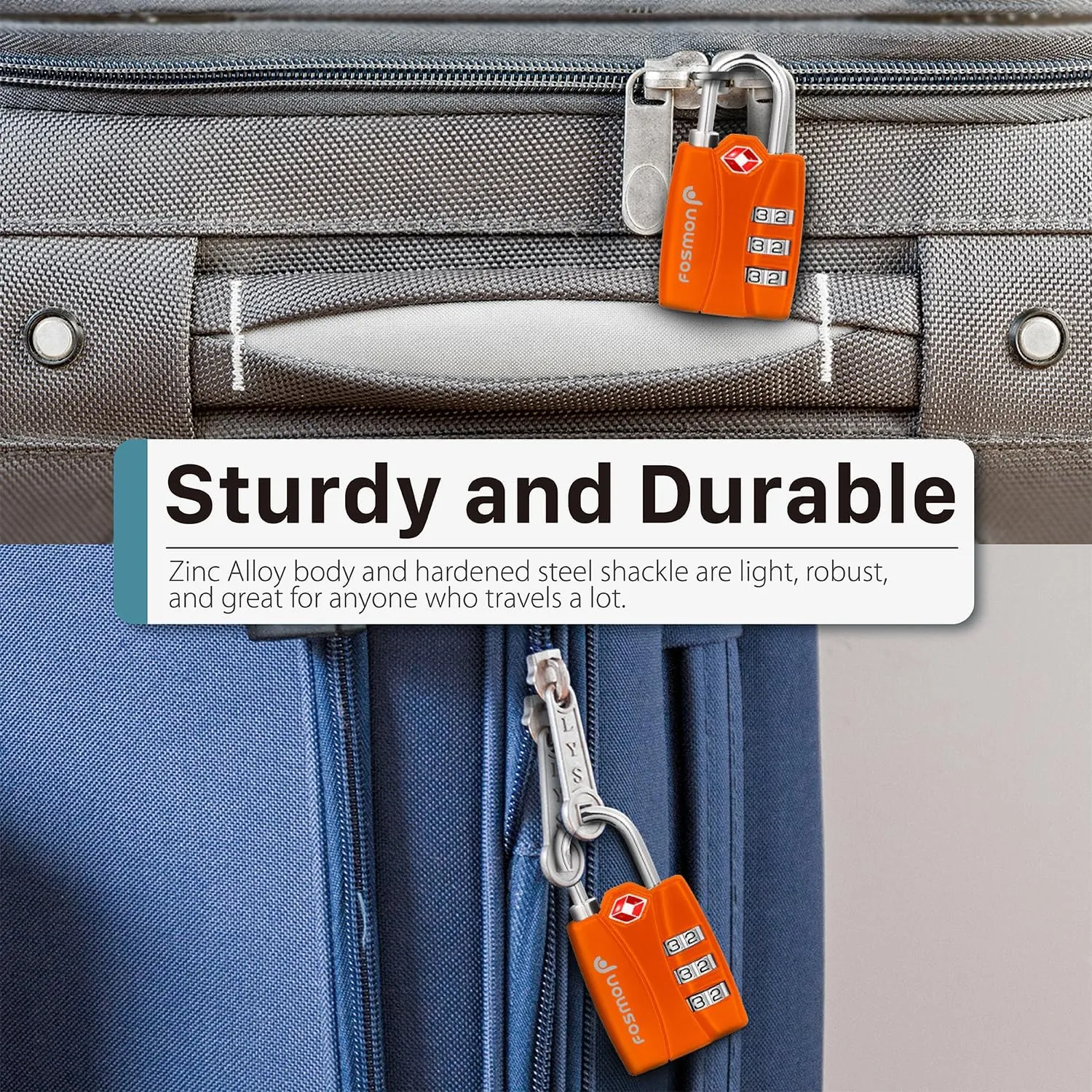 Fosmon TSA Accepted Luggage Locks (Orange - 4 Packs), Open Alert Indicator 3 Digit Combination Padlock Codes for Travel Bag, Suit Case, Lockers