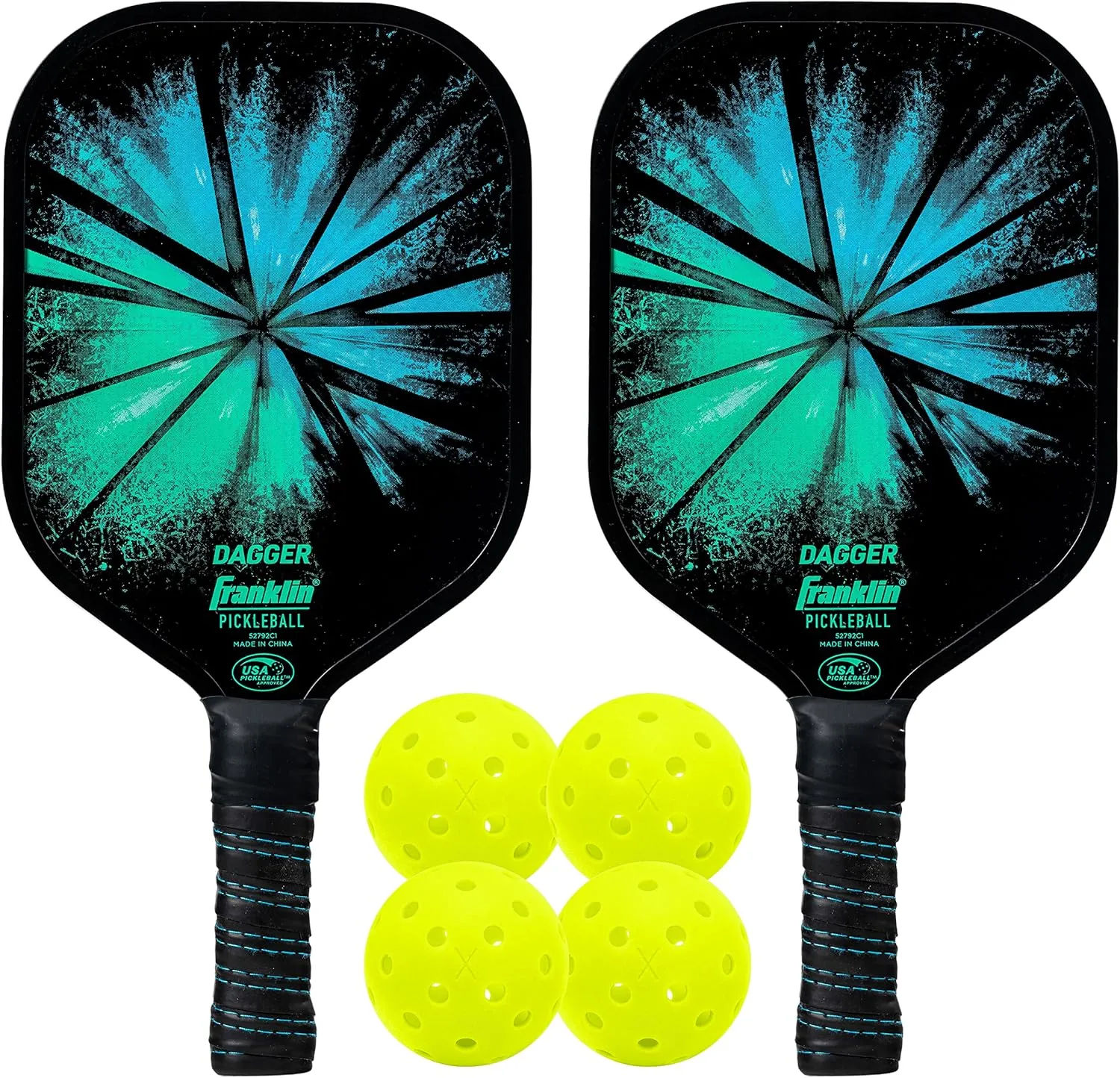 Franklin Sports Pickleball Paddle and Ball Set - (2) Dagger Fiberglass Rackets   (4) X-40 Balls - USA Pickleball (USAPA) Approved - 2 Player Set