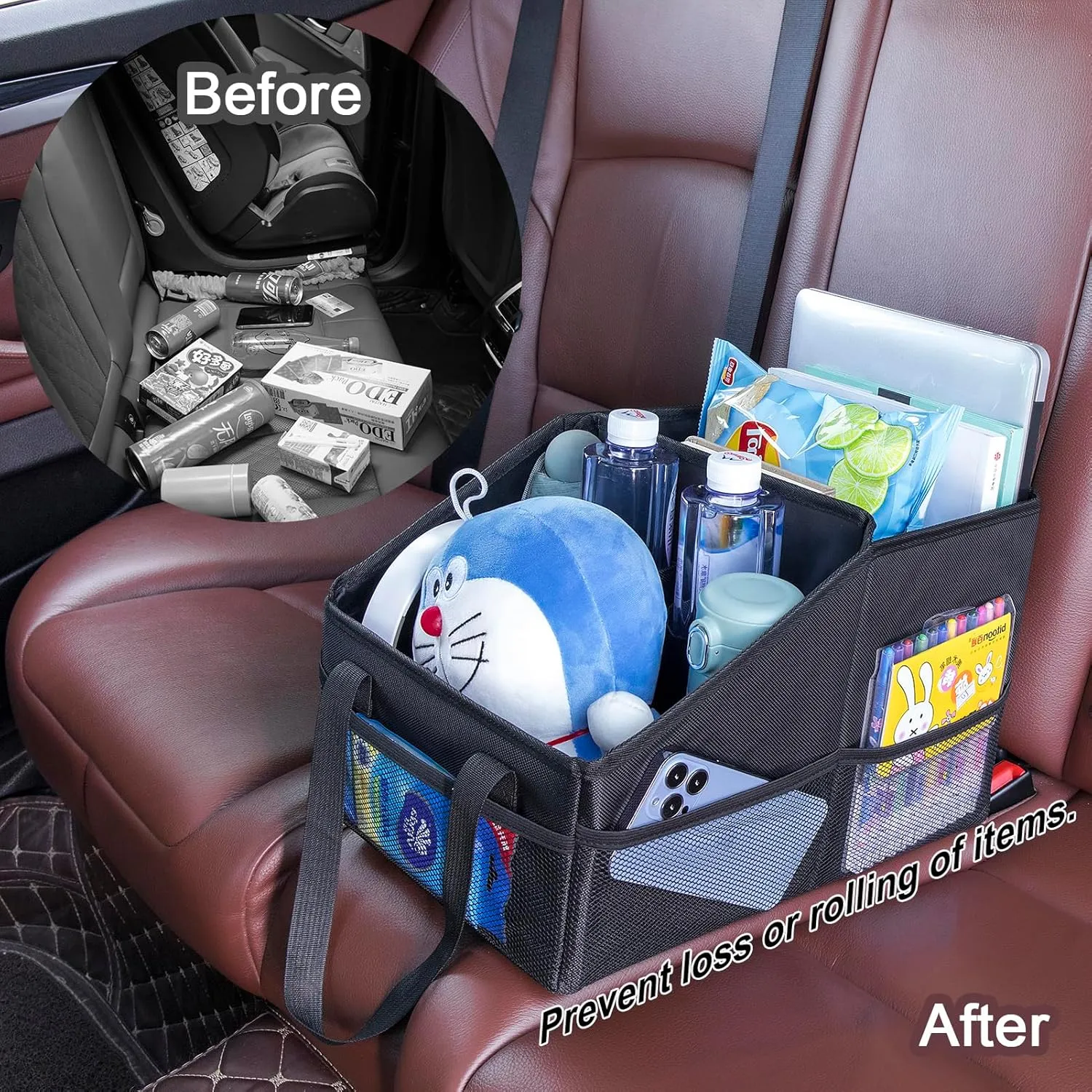 Front-Back Seat Car Organizer Box - Portable Passenger Seat Organizer, Odorless Fabric Car Seat Organizer, Universal Foldable Auto Seat Storage Caddy for Kids & Adults Road Trip Essentials (Black)