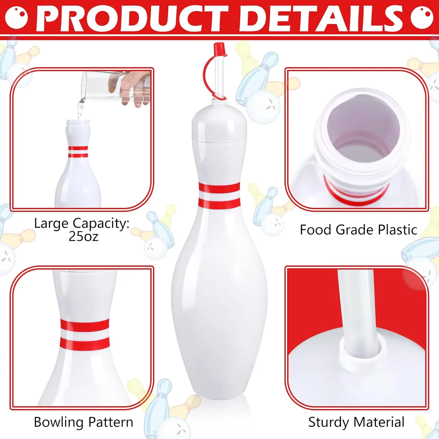 Funtery 6 Set Bowling Lovers Gifts for Men Women 25 oz Reusable Bowling Pin Plastic Water Bottles with Straws and Lids Sports Fans Party Favors