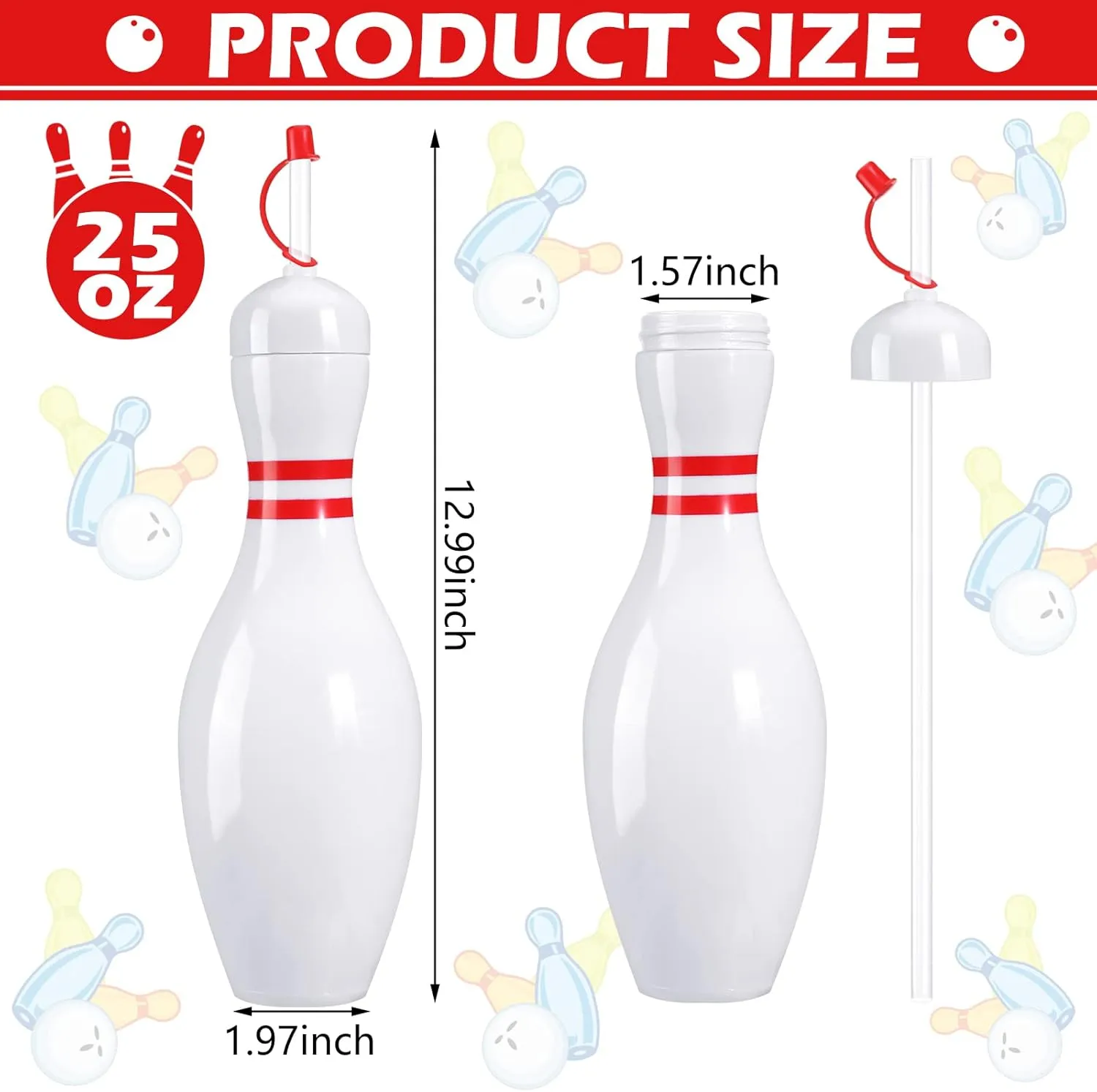 Funtery 6 Set Bowling Lovers Gifts for Men Women 25 oz Reusable Bowling Pin Plastic Water Bottles with Straws and Lids Sports Fans Party Favors