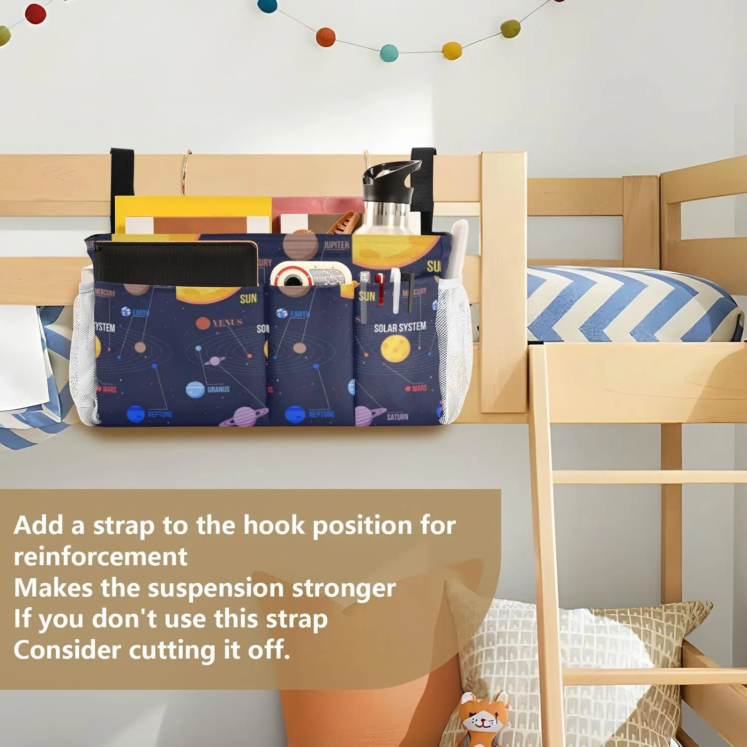 Galaxy Space Seamless Colorful Planets Stars Comets Black Iron Frame Bedside Hanging Bag Magazine Holders Bedside Bag With Hooks for Dorm Bed Bunk Bed 14.2 x 4.9 x 7.9 inch