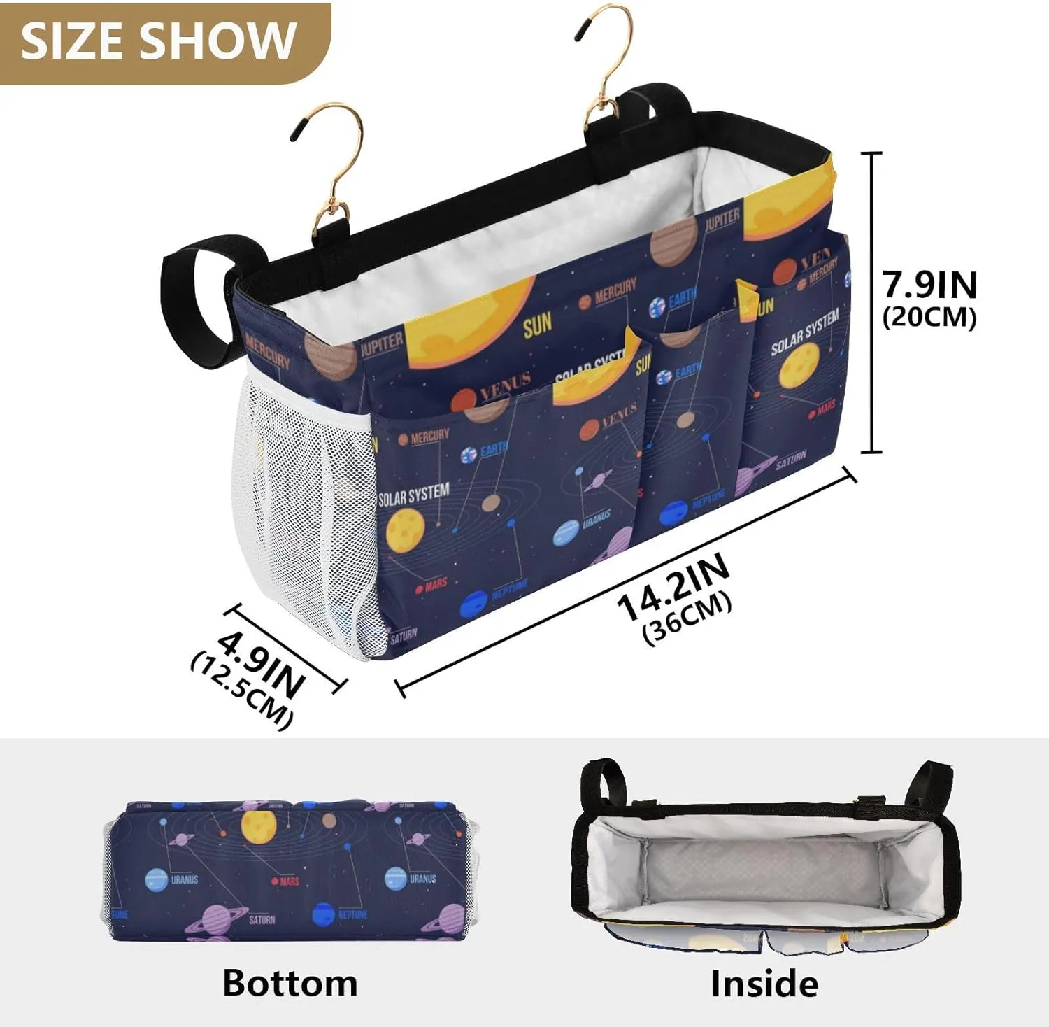 Galaxy Space Seamless Colorful Planets Stars Comets Black Iron Frame Bedside Hanging Bag Magazine Holders Bedside Bag With Hooks for Dorm Bed Bunk Bed 14.2 x 4.9 x 7.9 inch