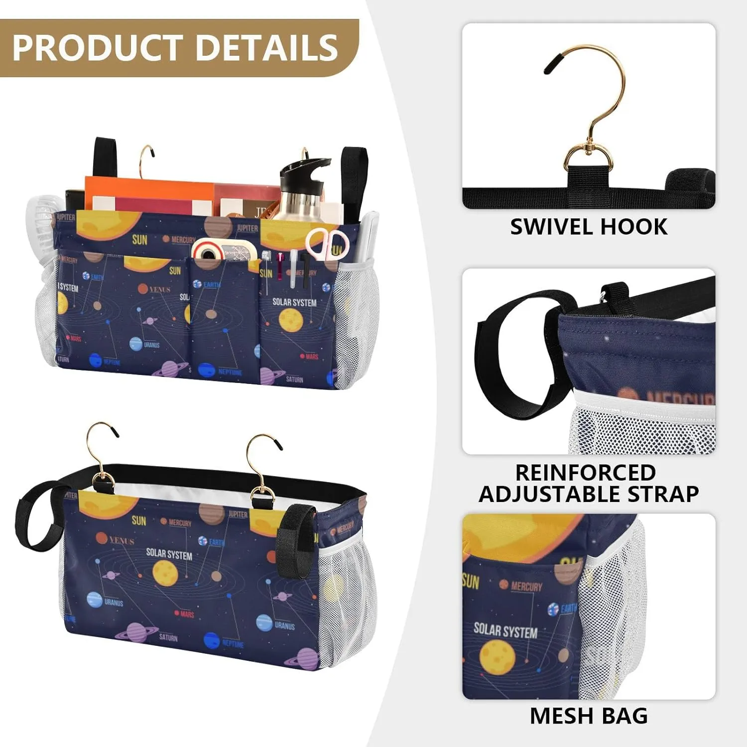 Galaxy Space Seamless Colorful Planets Stars Comets Black Iron Frame Bedside Hanging Bag Magazine Holders Bedside Bag With Hooks for Dorm Bed Bunk Bed 14.2 x 4.9 x 7.9 inch
