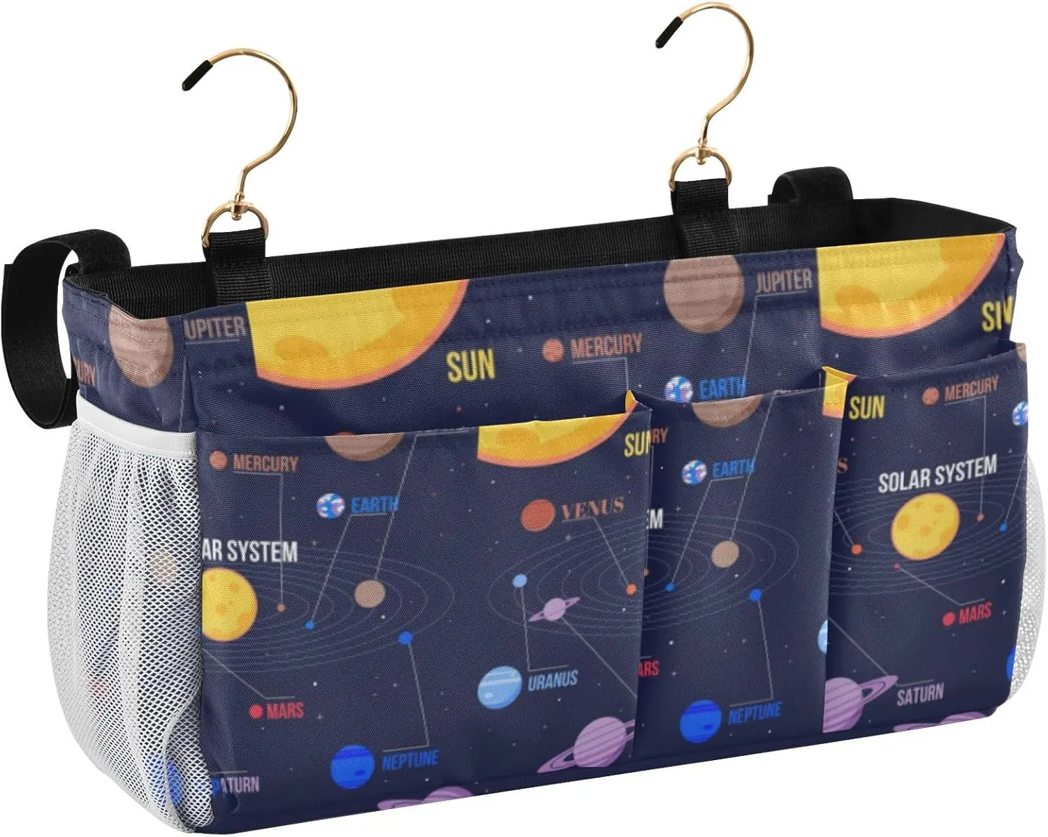 Galaxy Space Seamless Colorful Planets Stars Comets Black Iron Frame Bedside Hanging Bag Magazine Holders Bedside Bag With Hooks for Dorm Bed Bunk Bed 14.2 x 4.9 x 7.9 inch
