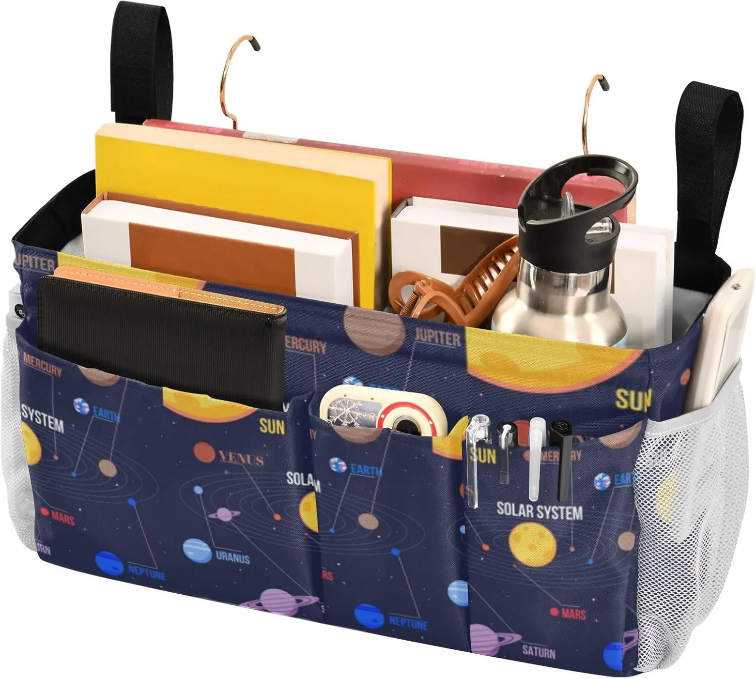 Galaxy Space Seamless Colorful Planets Stars Comets Black Iron Frame Bedside Hanging Bag Magazine Holders Bedside Bag With Hooks for Dorm Bed Bunk Bed 14.2 x 4.9 x 7.9 inch