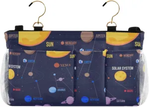 Galaxy Space Seamless Colorful Planets Stars Comets Black Iron Frame Bedside Hanging Bag Magazine Holders Bedside Bag With Hooks for Dorm Bed Bunk Bed 14.2 x 4.9 x 7.9 inch