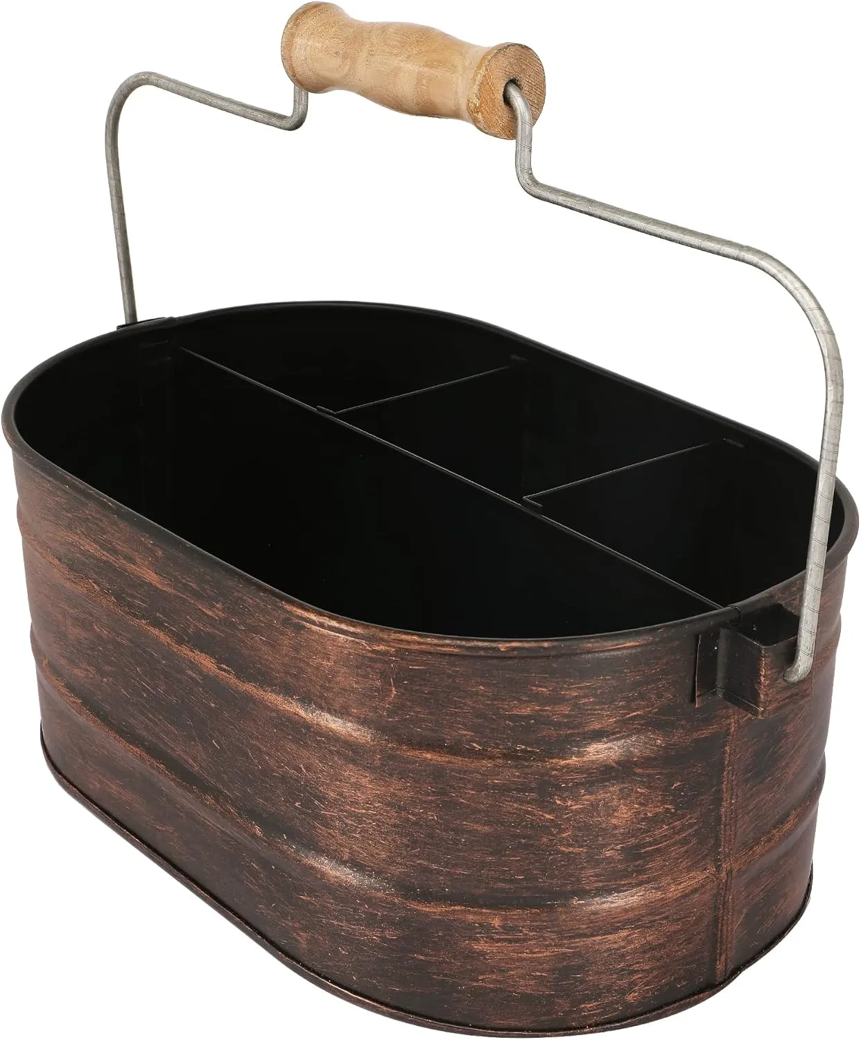 Galvanized Metal Caddy with 4 Compartments, Rustic Farmhouse Kitchen Indoor Outdoor Picnic Utensil Holder, Multipurpose Storage Bin, Metal Garden Planters - 12 Inch - Copper Antique