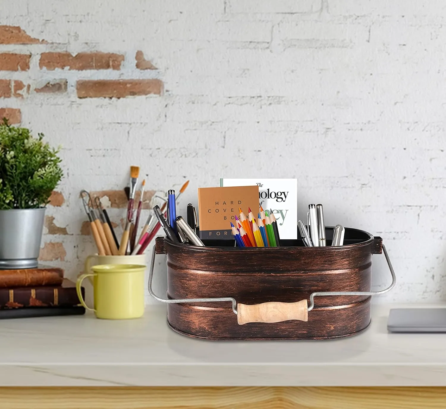 Galvanized Metal Caddy with 4 Compartments, Rustic Farmhouse Kitchen Indoor Outdoor Picnic Utensil Holder, Multipurpose Storage Bin, Metal Garden Planters - 12 Inch - Copper Antique