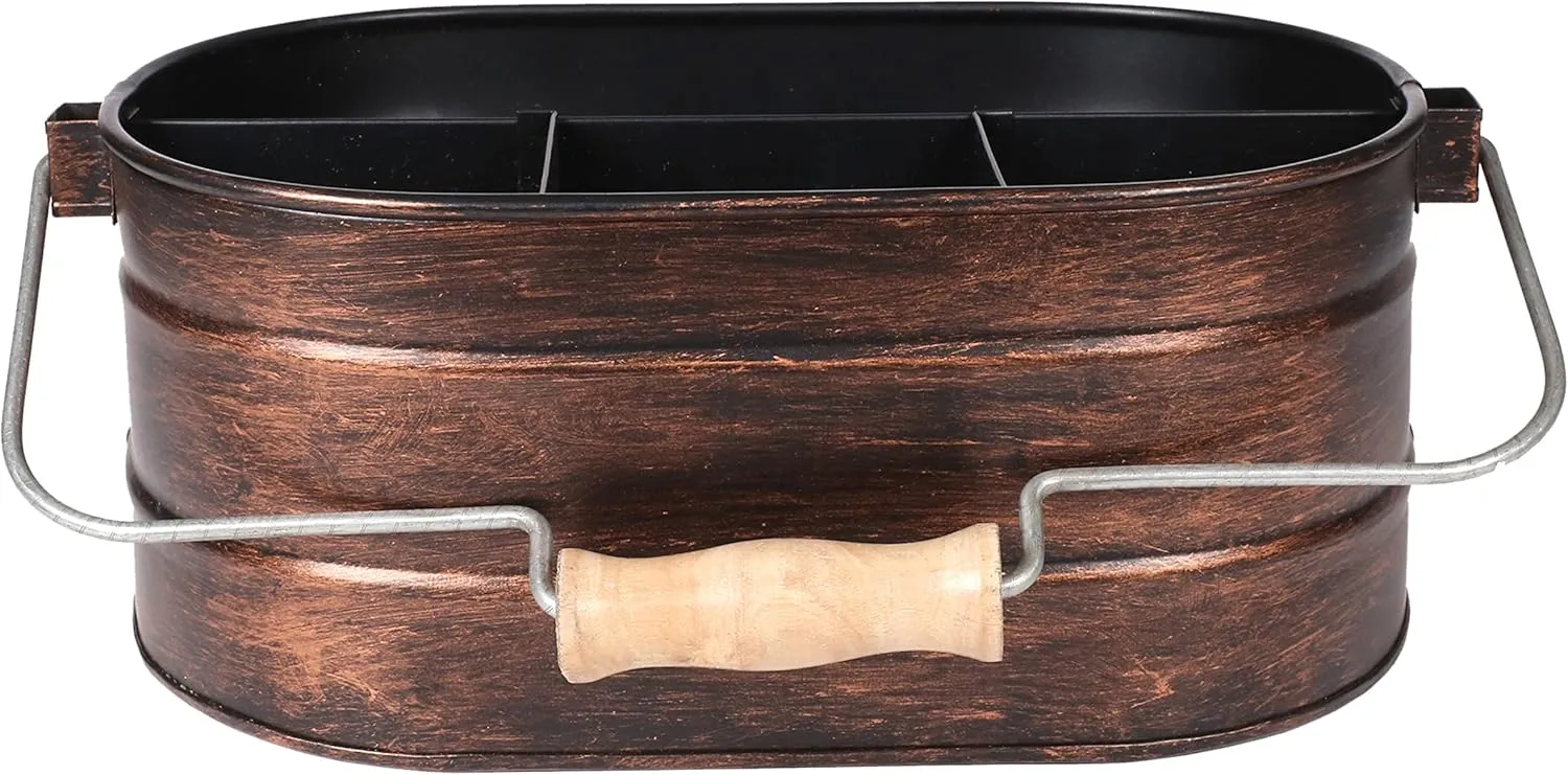 Galvanized Metal Caddy with 4 Compartments, Rustic Farmhouse Kitchen Indoor Outdoor Picnic Utensil Holder, Multipurpose Storage Bin, Metal Garden Planters - 12 Inch - Copper Antique