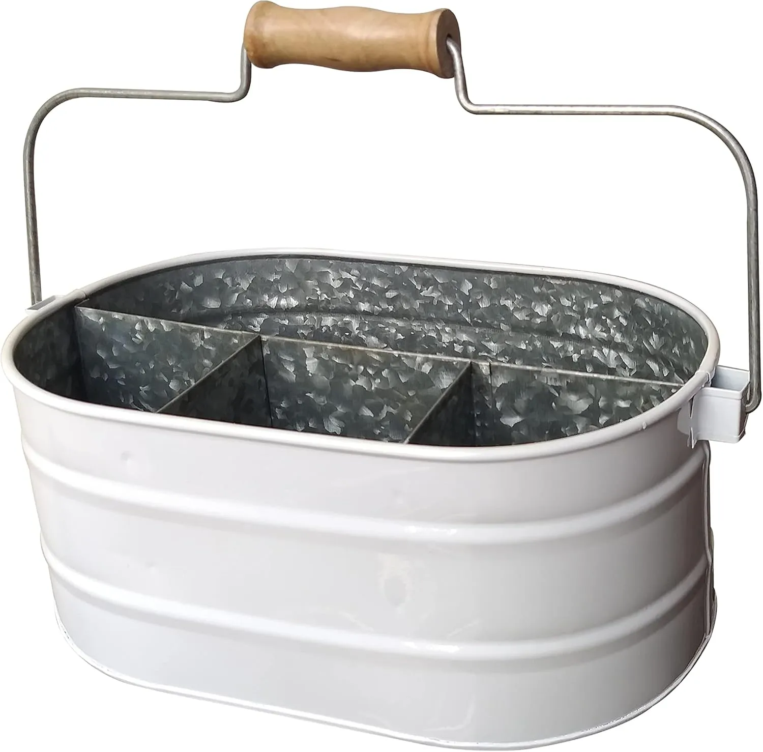 Galvanized Metal Caddy with 4 Compartments, Rustic Farmhouse Kitchen Indoor Outdoor Picnic Utensil Holder, Multipurpose Storage Bin, Metal Garden Planters - 12 Inch - White