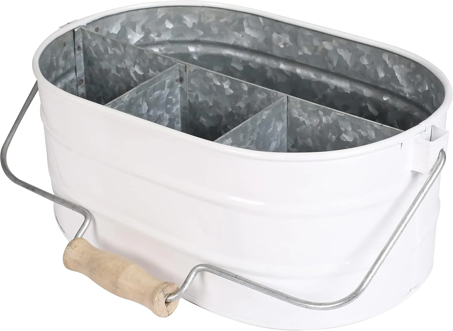 Galvanized Metal Caddy with 4 Compartments, Rustic Farmhouse Kitchen Indoor Outdoor Picnic Utensil Holder, Multipurpose Storage Bin, Metal Garden Planters - 12 Inch - White