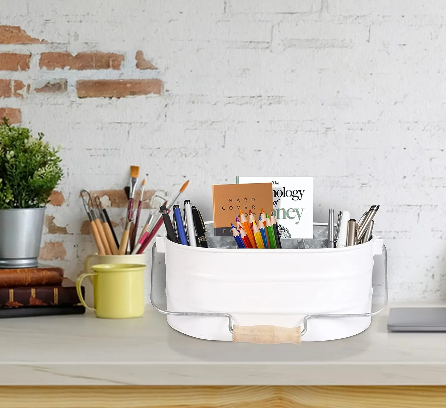 Galvanized Metal Caddy with 4 Compartments, Rustic Farmhouse Kitchen Indoor Outdoor Picnic Utensil Holder, Multipurpose Storage Bin, Metal Garden Planters - 12 Inch - White