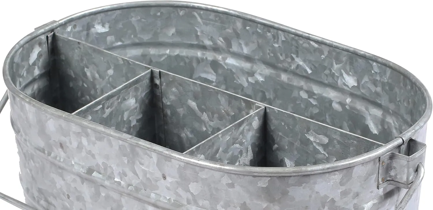 Galvanized Metal Caddy with 4 Compartments, Rustic Farmhouse Kitchen Picnic Utensil Holder, Multipurpose Storage Bin, Metal Garden Planters - 12 Inch - Antique Natural