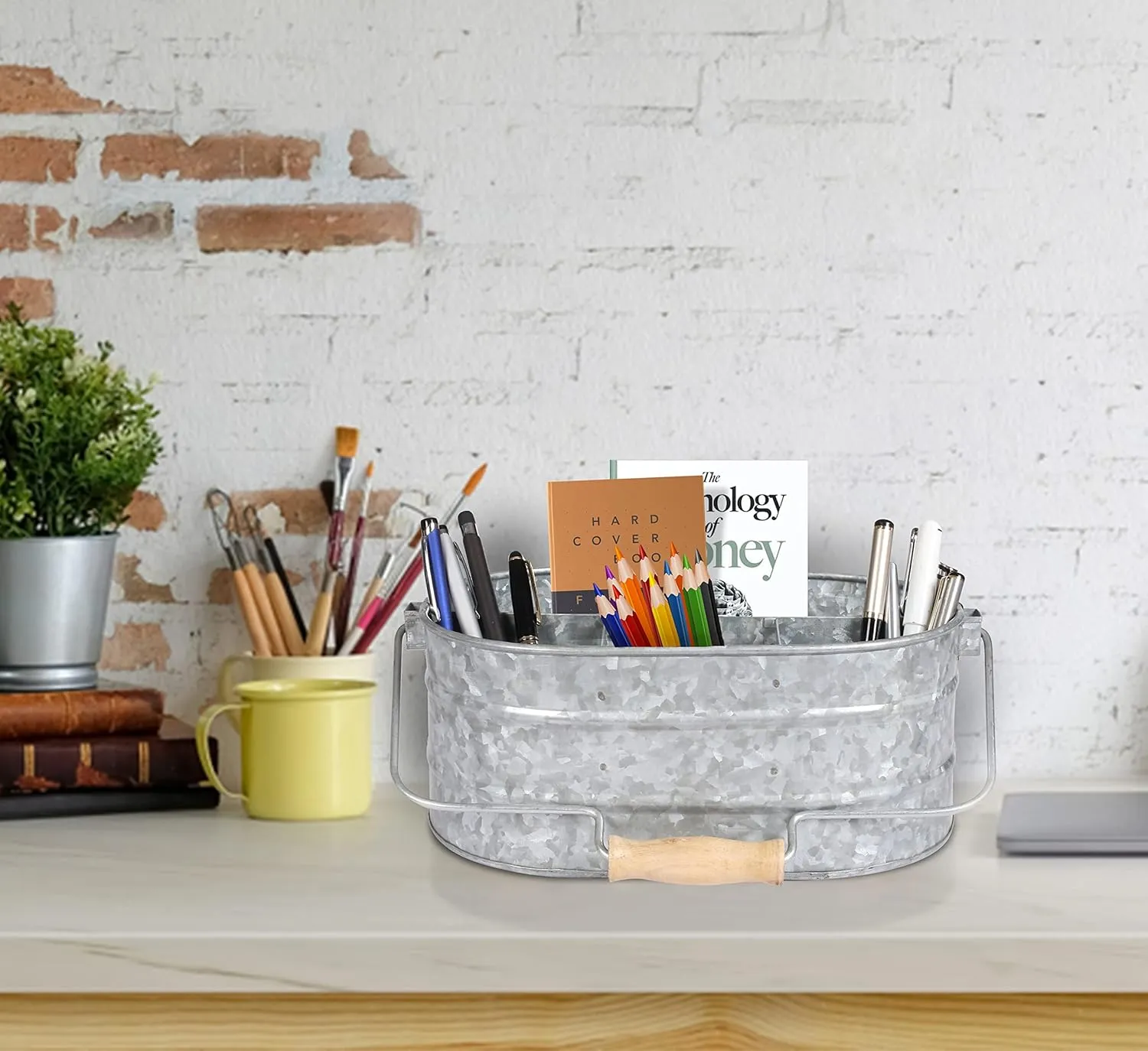 Galvanized Metal Caddy with 4 Compartments, Rustic Farmhouse Kitchen Picnic Utensil Holder, Multipurpose Storage Bin, Metal Garden Planters - 12 Inch - Antique Natural