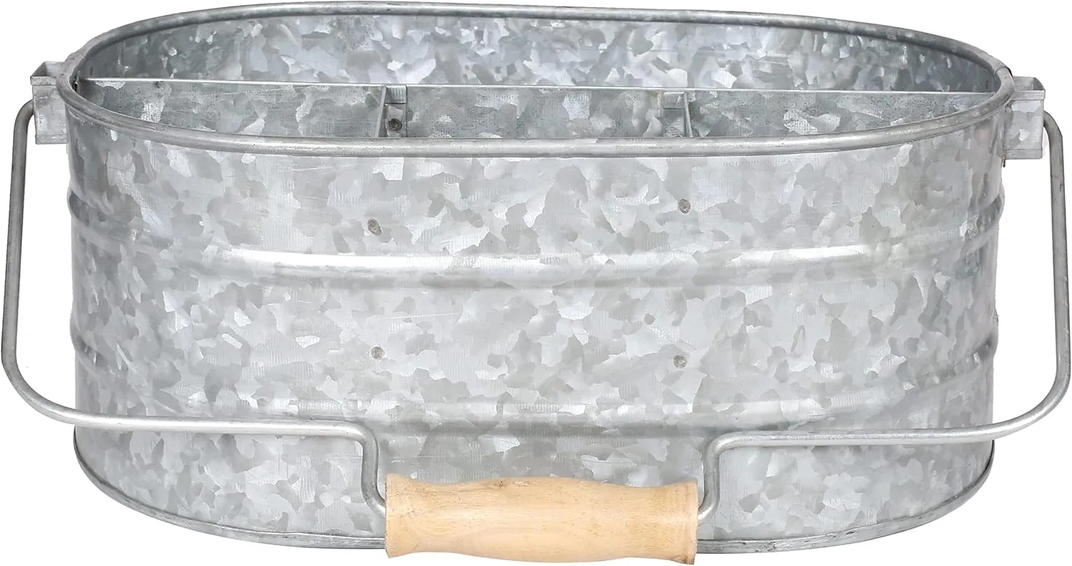 Galvanized Metal Caddy with 4 Compartments, Rustic Farmhouse Kitchen Picnic Utensil Holder, Multipurpose Storage Bin, Metal Garden Planters - 12 Inch - Antique Natural