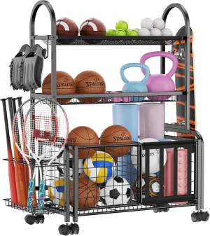 Garage Ball Storage, 2 in 1 Garage Sports Equipment Organizer, Ball Storage Rack, Garage Organizer with Basket and Hooks, Individually Movable Rolling Sports Ball Organizer Cart, Black