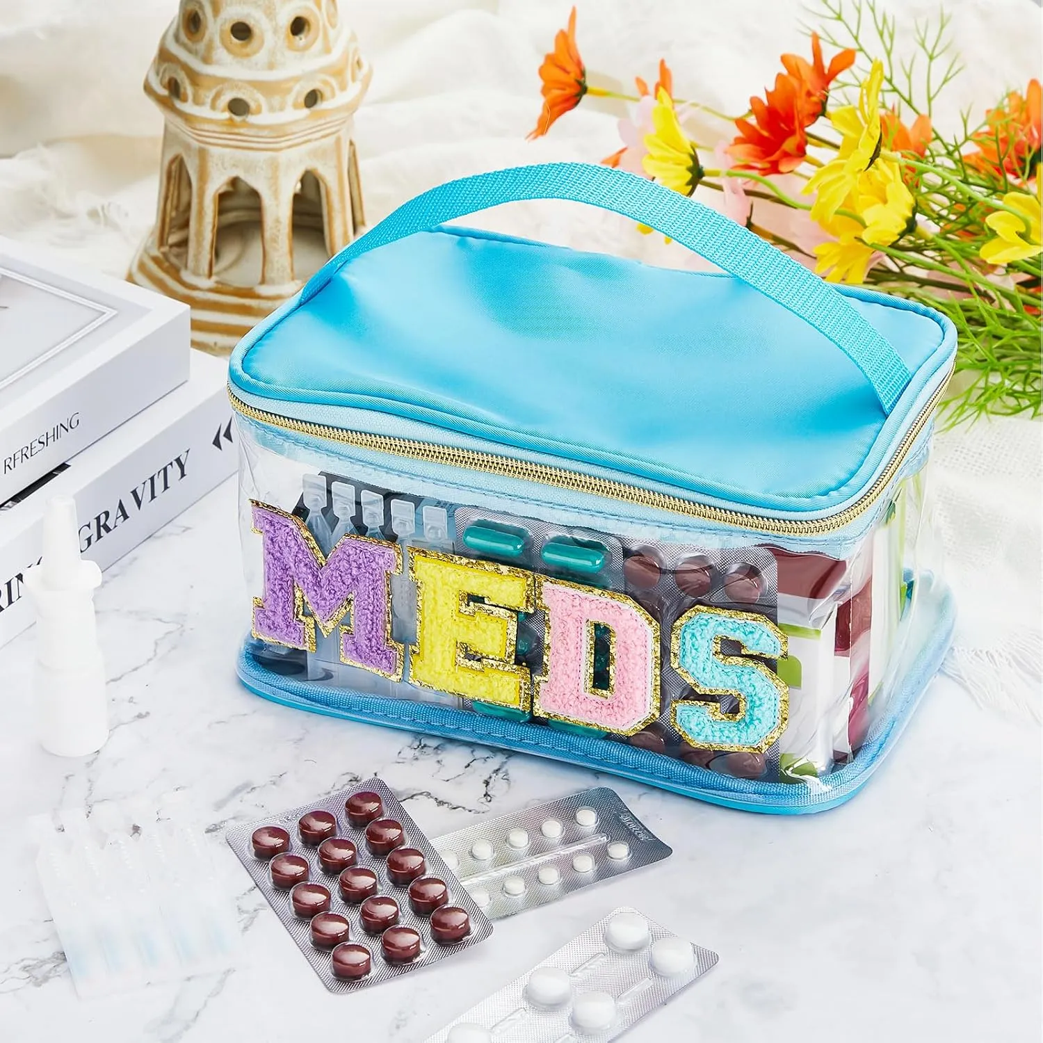Geetery Chenille Letter Bag Nylon Makeup Portable Cases Preppy Patch Makeup Bag with Zipper Cosmetic Toiletry Storage case for Women(Blue,Vivid Meds)