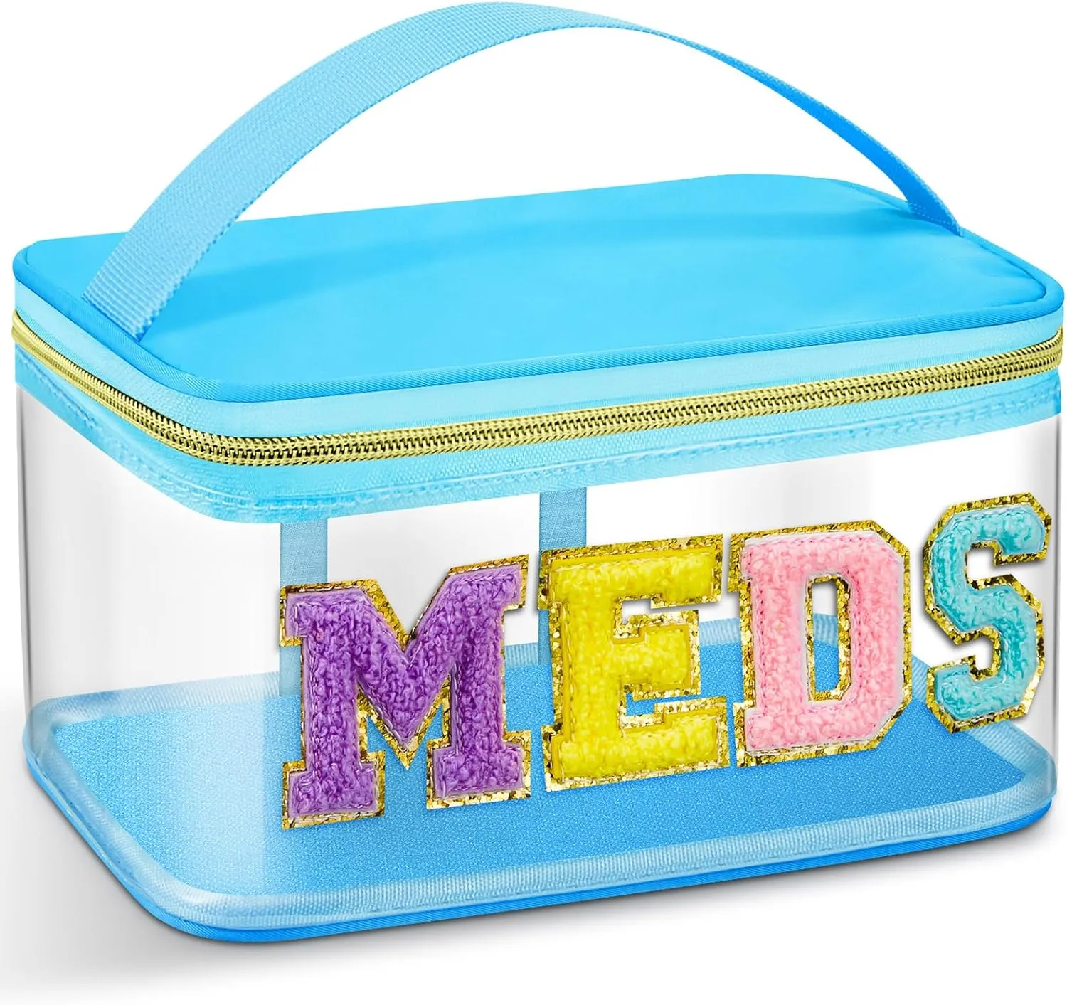 Geetery Chenille Letter Bag Nylon Makeup Portable Cases Preppy Patch Makeup Bag with Zipper Cosmetic Toiletry Storage case for Women(Blue,Vivid Meds)