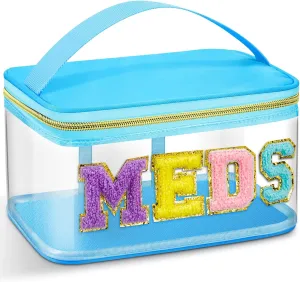 Geetery Chenille Letter Bag Nylon Makeup Portable Cases Preppy Patch Makeup Bag with Zipper Cosmetic Toiletry Storage case for Women(Blue,Vivid Meds)