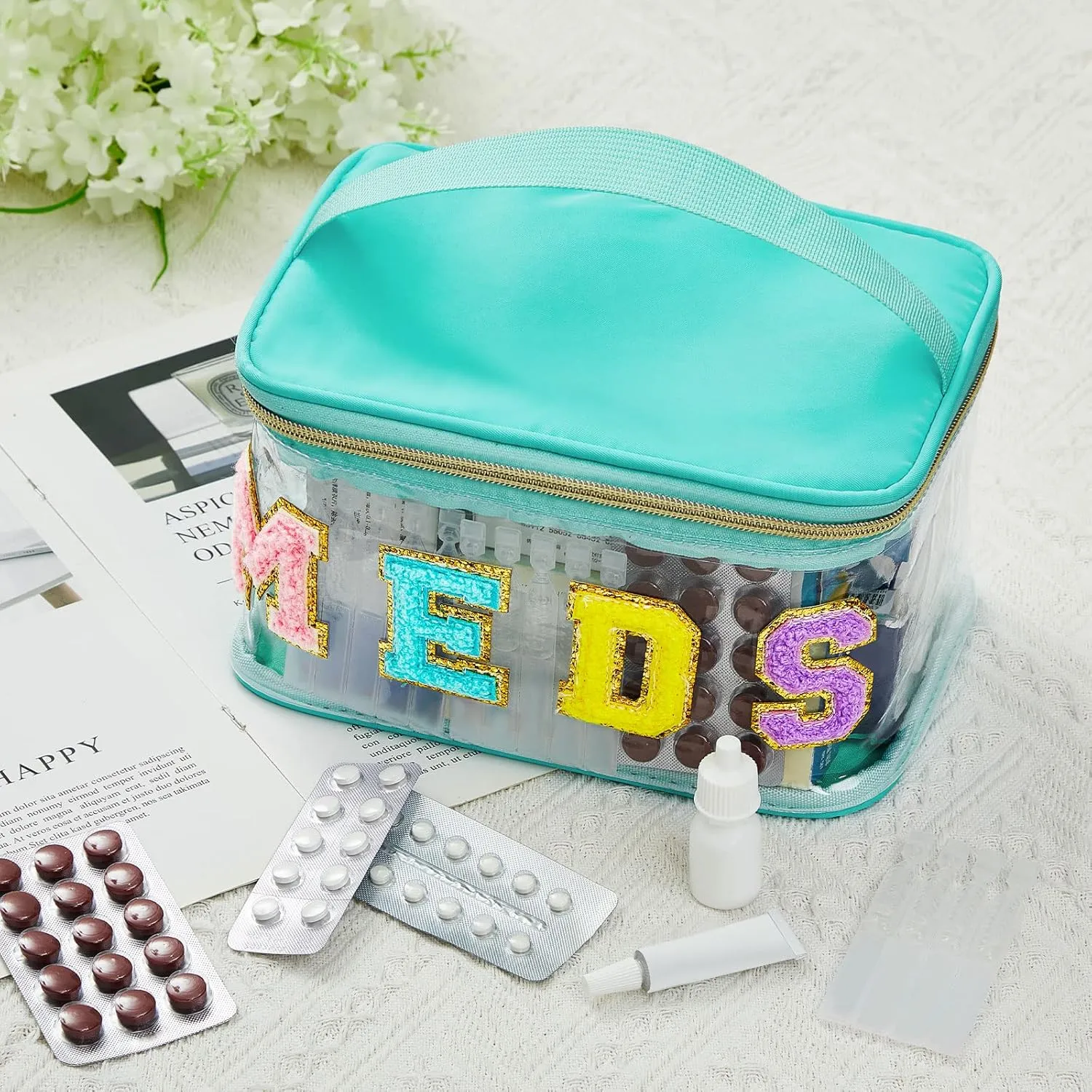Geetery Chenille Letter Bag Nylon Makeup Portable Cases Preppy Patch Makeup Bag with Zipper Cosmetic Toiletry Storage case for Women(Green,Elegant Meds)
