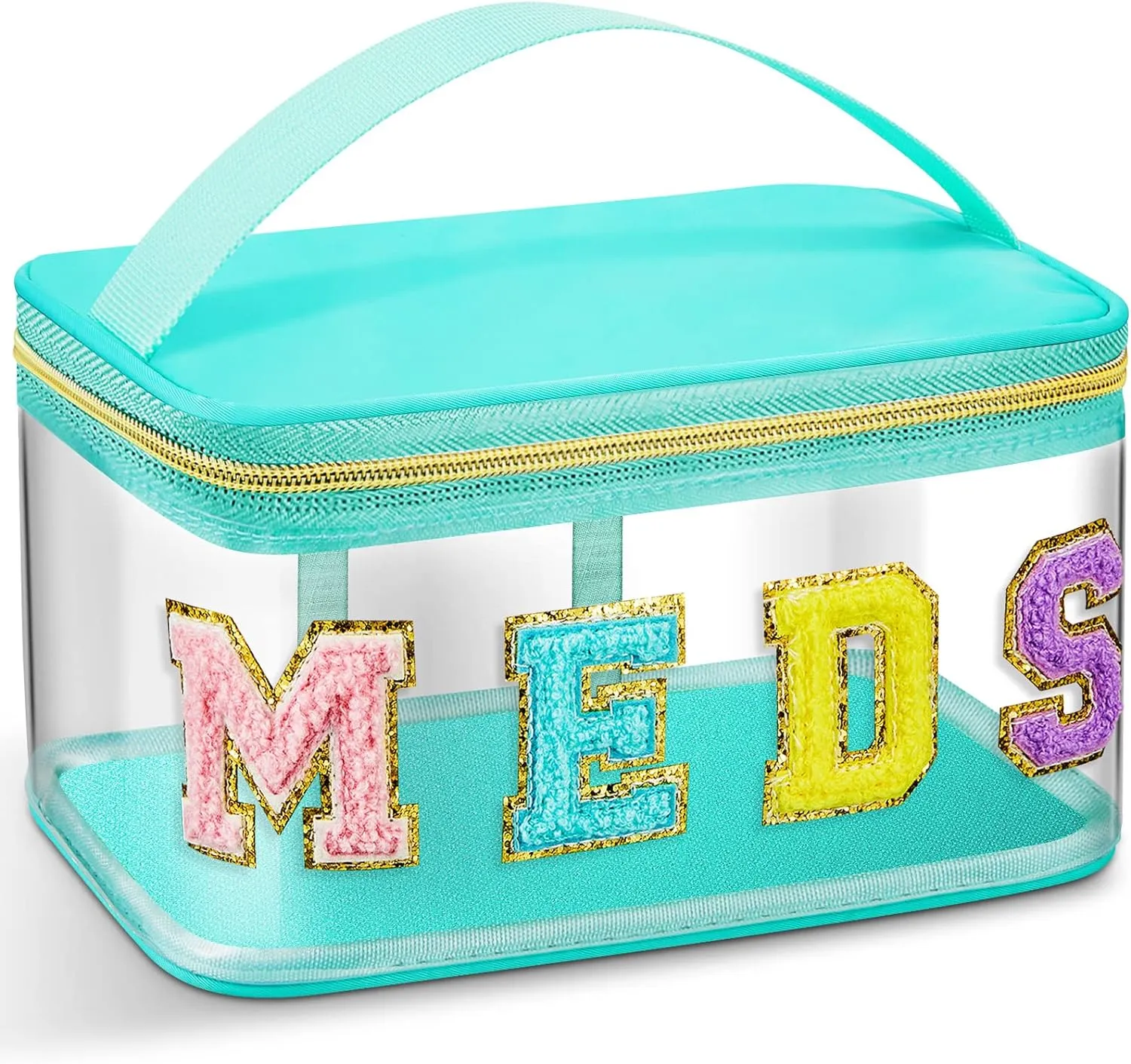Geetery Chenille Letter Bag Nylon Makeup Portable Cases Preppy Patch Makeup Bag with Zipper Cosmetic Toiletry Storage case for Women(Green,Elegant Meds)
