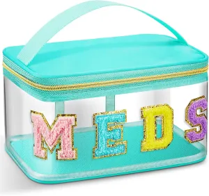 Geetery Chenille Letter Bag Nylon Makeup Portable Cases Preppy Patch Makeup Bag with Zipper Cosmetic Toiletry Storage case for Women(Green,Elegant Meds)