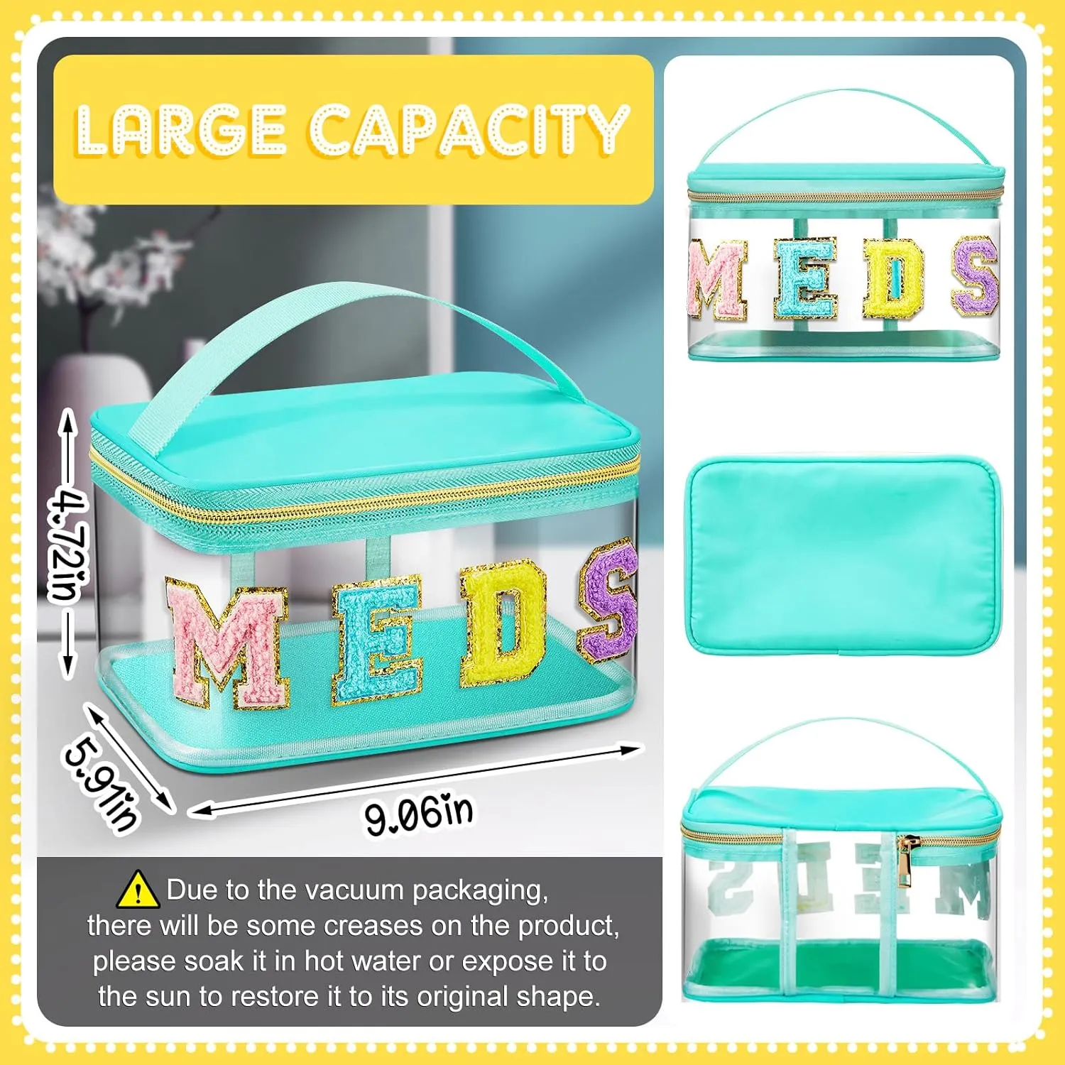 Geetery Chenille Letter Bag Nylon Makeup Portable Cases Preppy Patch Makeup Bag with Zipper Cosmetic Toiletry Storage case for Women(Green,Elegant Meds)