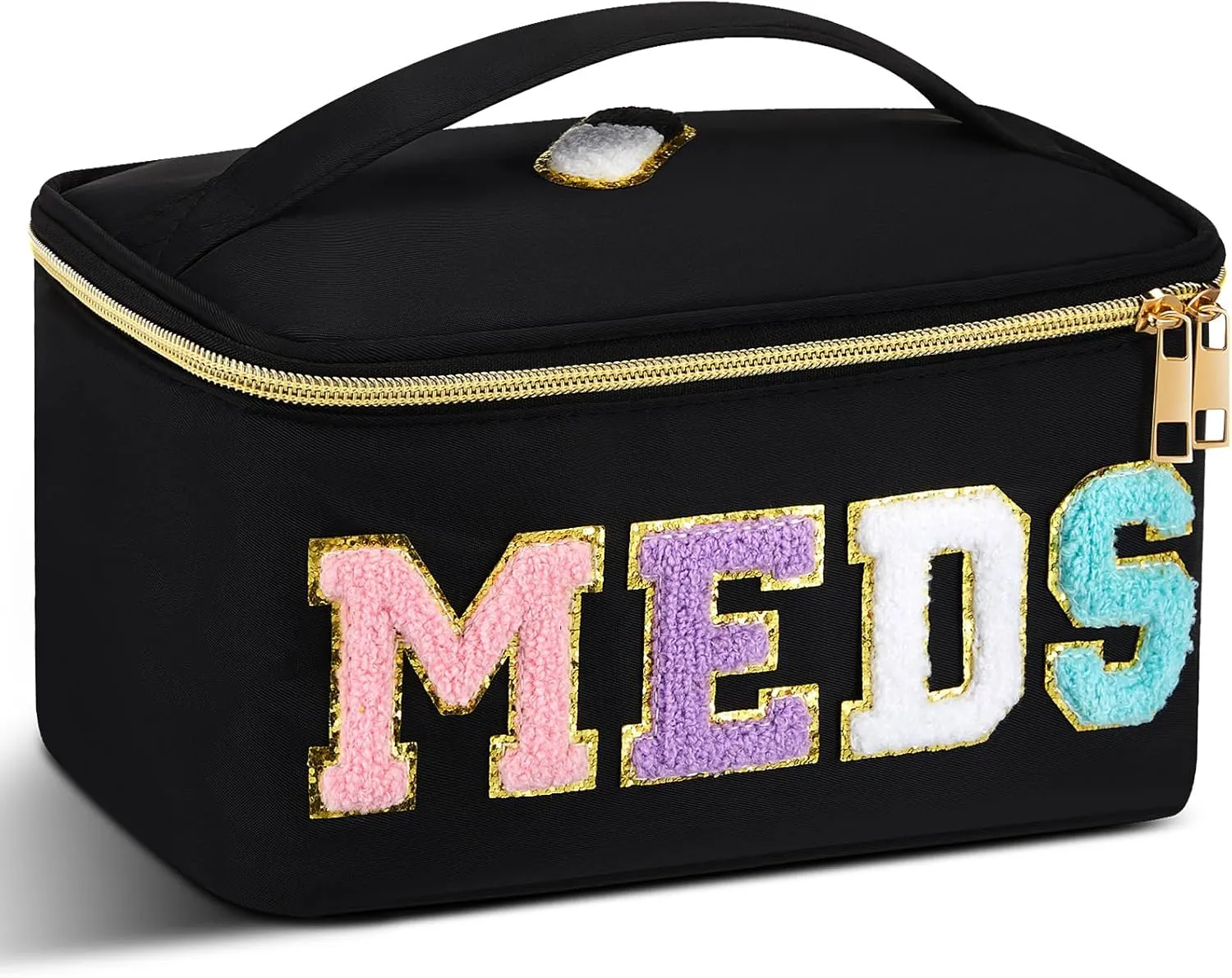 Geetery Chenille Letter Bag Nylon Meds Makeup Cases Preppy Patch with Zipper, Portable Cosmetic Toiletry Storage Bag for Women(Black)