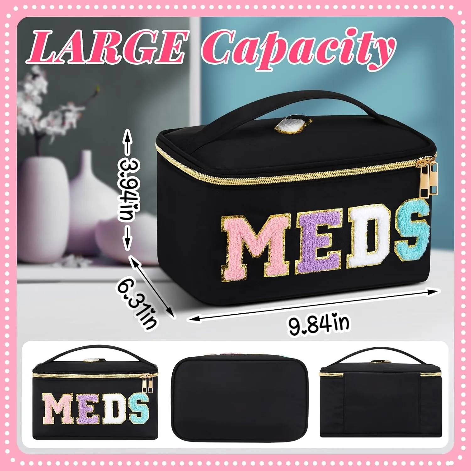 Geetery Chenille Letter Bag Nylon Meds Makeup Cases Preppy Patch with Zipper, Portable Cosmetic Toiletry Storage Bag for Women(Black)