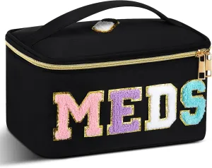 Geetery Chenille Letter Bag Nylon Meds Makeup Cases Preppy Patch with Zipper, Portable Cosmetic Toiletry Storage Bag for Women(Black)