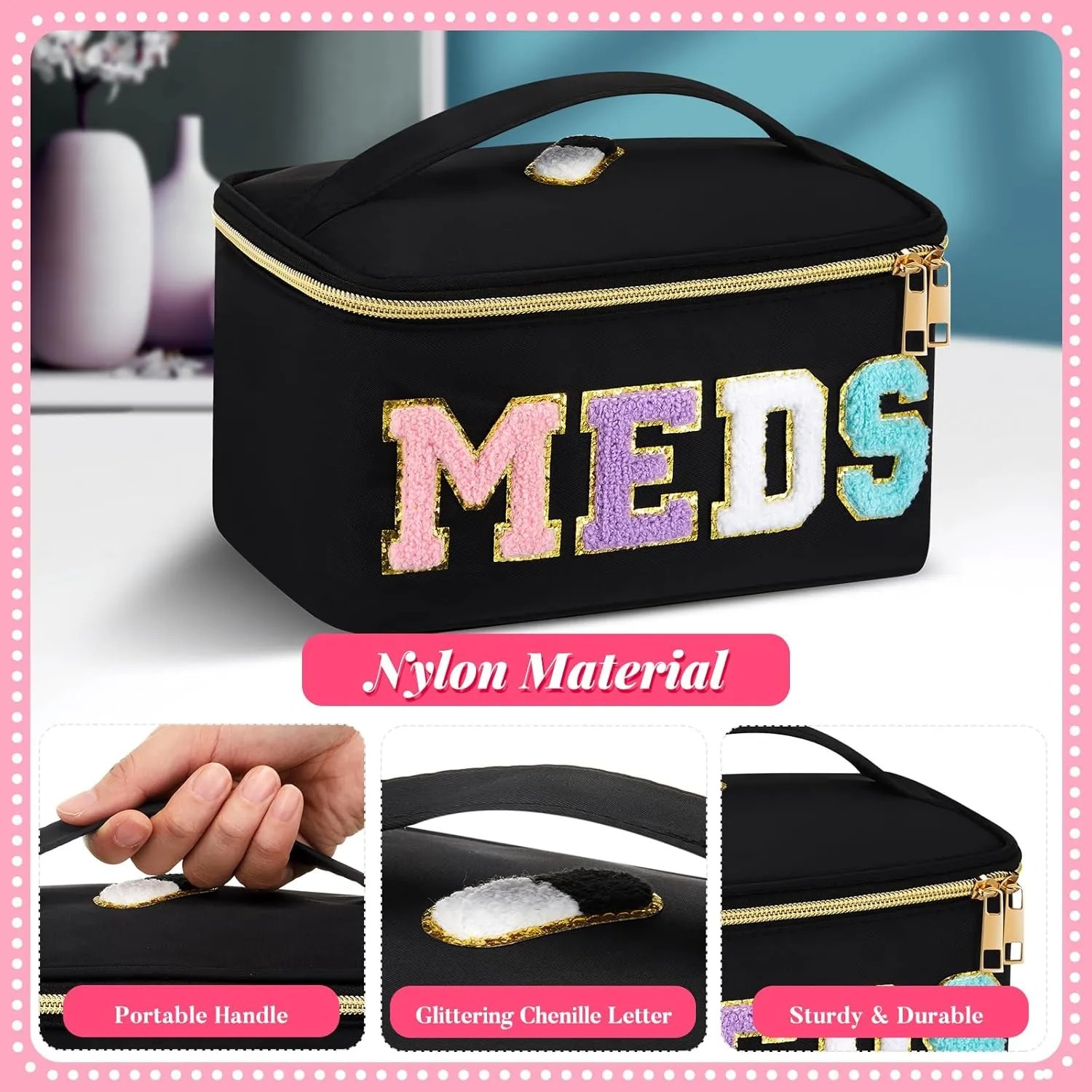 Geetery Chenille Letter Bag Nylon Meds Makeup Cases Preppy Patch with Zipper, Portable Cosmetic Toiletry Storage Bag for Women(Black)