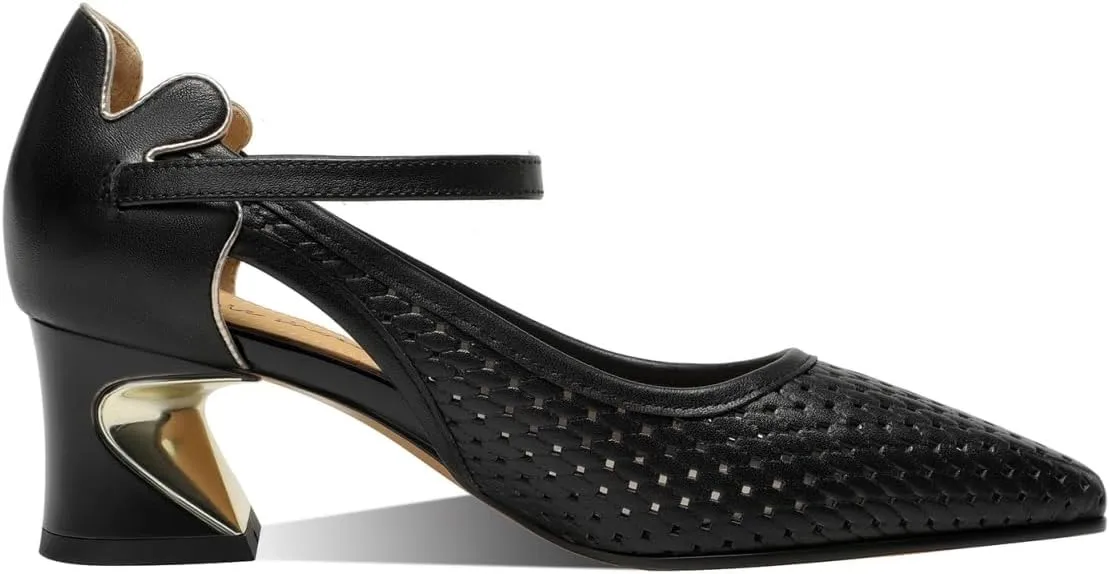 Genuine Leather with Holes Women's Pointed Toe Handmade Strap Buckle Chunky Heels Pumps Shoes
