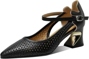 Genuine Leather with Holes Women's Pointed Toe Handmade Strap Buckle Chunky Heels Pumps Shoes