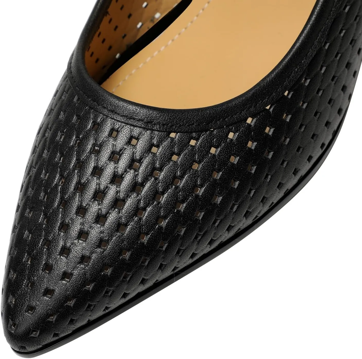 Genuine Leather with Holes Women's Pointed Toe Handmade Strap Buckle Chunky Heels Pumps Shoes