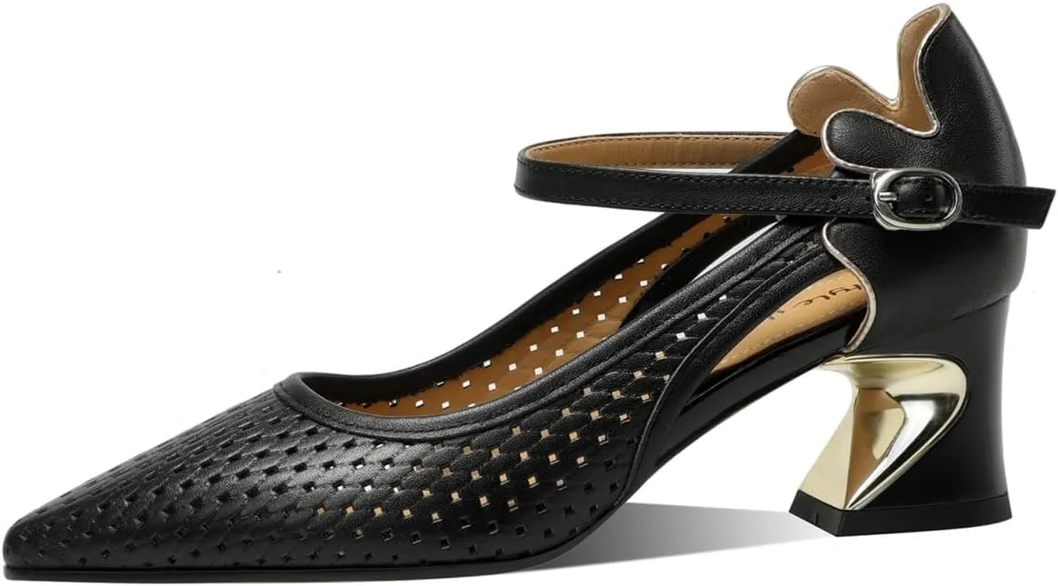 Genuine Leather with Holes Women's Pointed Toe Handmade Strap Buckle Chunky Heels Pumps Shoes
