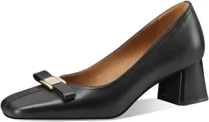 Genuine Leather Women's Square Toe Handmade Bowknot Chunky Heels Office Lady Pumps Shoes