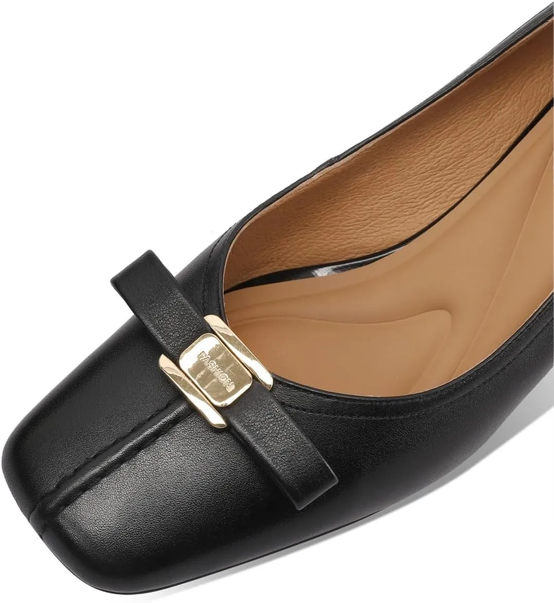 Genuine Leather Women's Square Toe Handmade Bowknot Chunky Heels Office Lady Pumps Shoes