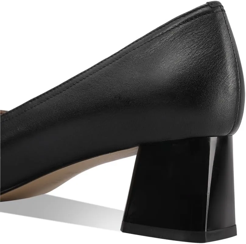 Genuine Leather Women's Square Toe Handmade Bowknot Chunky Heels Office Lady Pumps Shoes