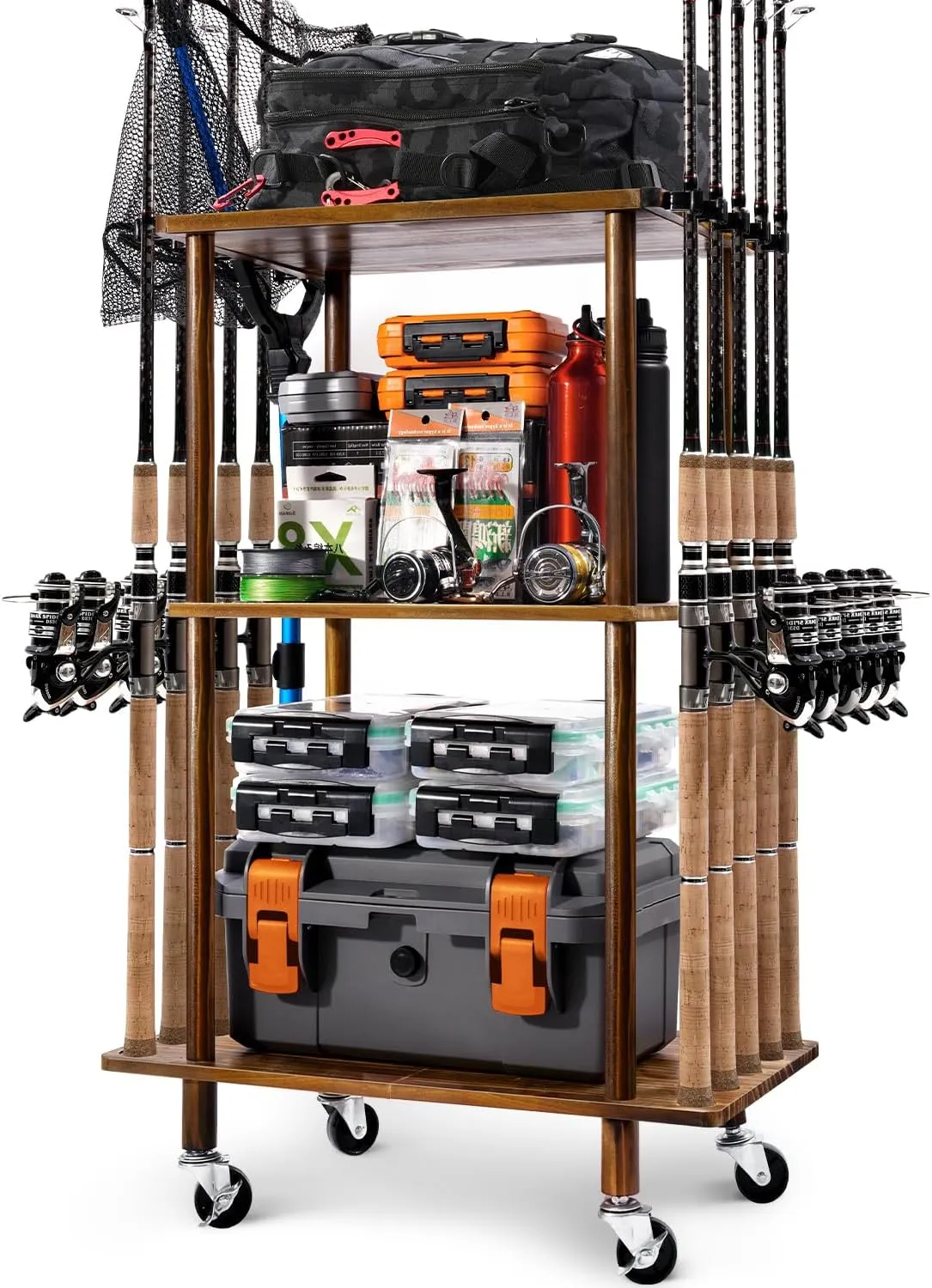 Ghosthorn Fishing Rod Holders for Garage Fishing Pole Rack Hold up to 10 Rods Fishing Pole Holders Wooden Organizer Fishing Rod Rack car Fishing Gear Storage Equipment (3 Tier)