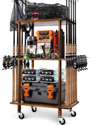 Ghosthorn Fishing Rod Holders for Garage Fishing Pole Rack Hold up to 10 Rods Fishing Pole Holders Wooden Organizer Fishing Rod Rack car Fishing Gear Storage Equipment (3 Tier)