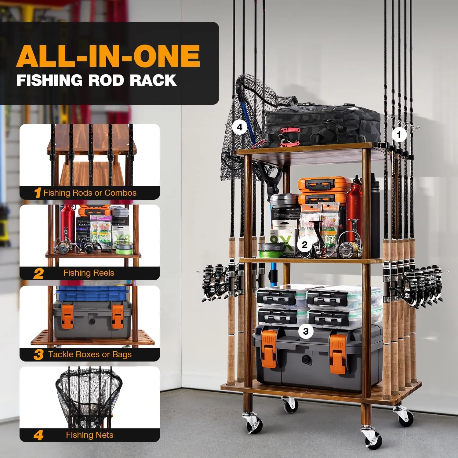 Ghosthorn Fishing Rod Holders for Garage Fishing Pole Rack Hold up to 10 Rods Fishing Pole Holders Wooden Organizer Fishing Rod Rack car Fishing Gear Storage Equipment (3 Tier)