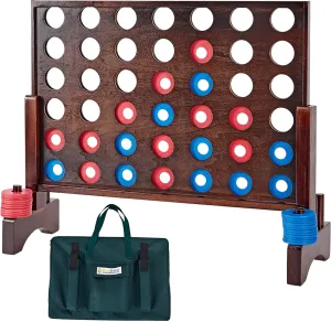 Giant 4 in A Row Game, Wooden Jumbo 4-to-Score Set for Indoor & Outdoor Family Fun-Line Up Four Travel Board Games with 42 Coins & Ring Holders & Carrying Bag