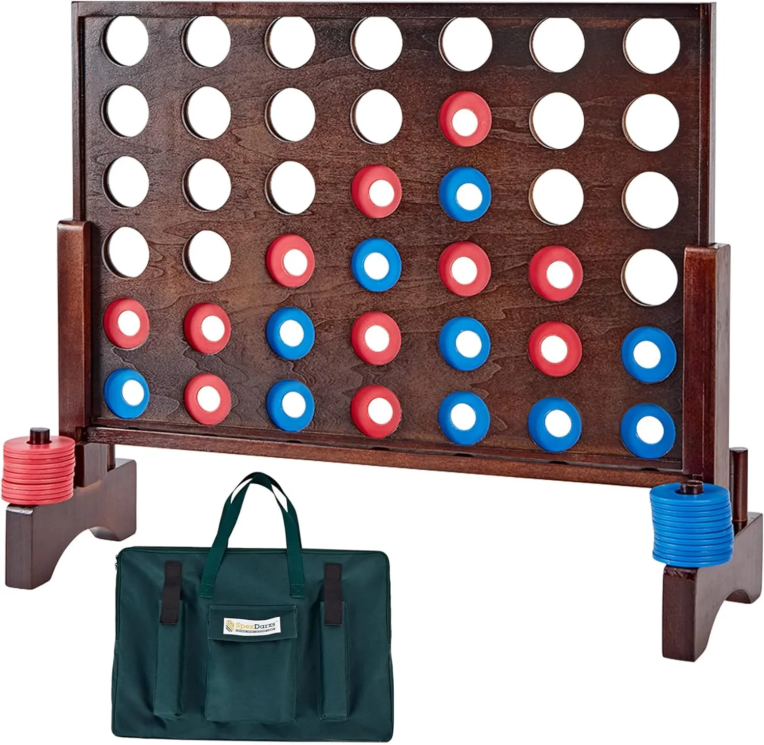 Giant 4 in A Row Game, Wooden Jumbo 4-to-Score Set for Indoor & Outdoor Family Fun-Line Up Four Travel Board Games with 42 Coins & Ring Holders & Carrying Bag
