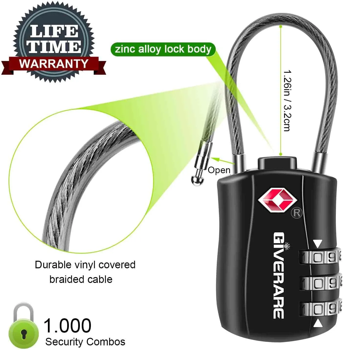 GIVERARE 4 Pack TSA Approved Luggage Locks, Combination Travel Cable Lock, Re-settable 3-Digit Padlocks with Alloy Body, Keyless TSA Padlock for Gym Locker, Golf Bag Case-Black
