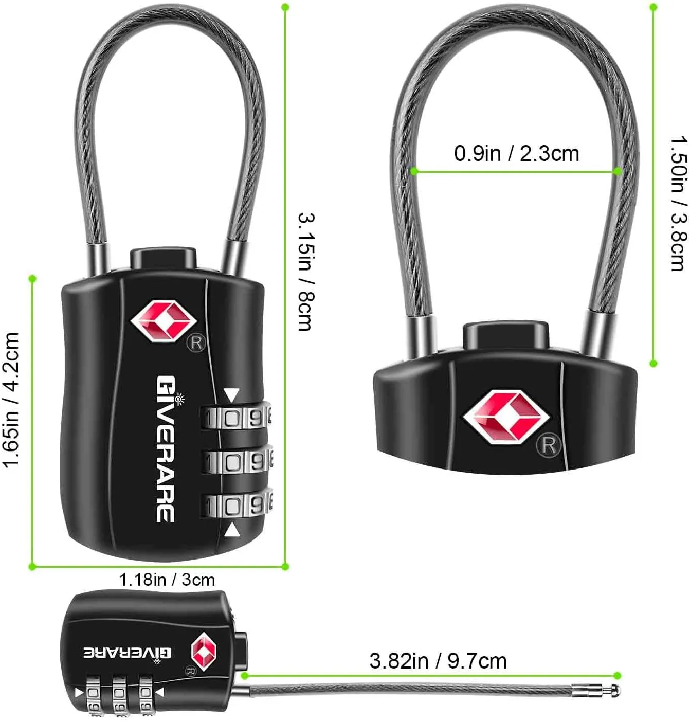 GIVERARE 4 Pack TSA Approved Luggage Locks, Combination Travel Cable Lock, Re-settable 3-Digit Padlocks with Alloy Body, Keyless TSA Padlock for Gym Locker, Golf Bag Case-Black