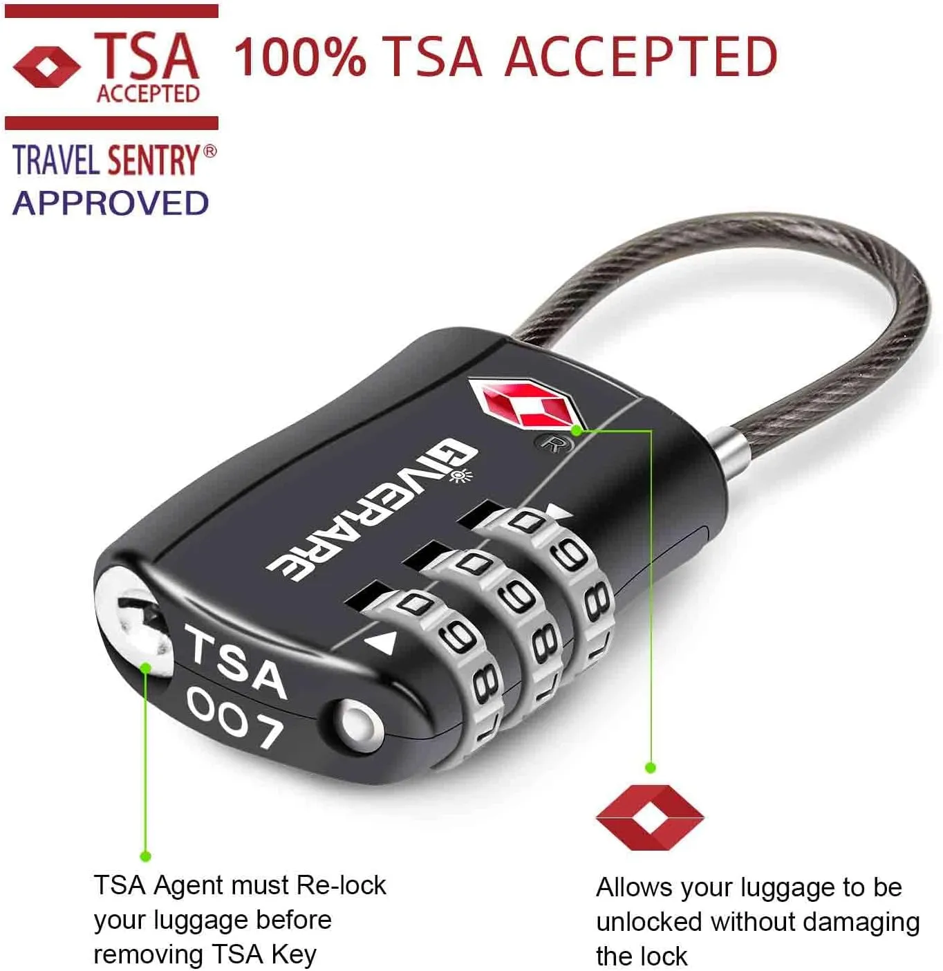 GIVERARE 4 Pack TSA Approved Luggage Locks, Combination Travel Cable Lock, Re-settable 3-Digit Padlocks with Alloy Body, Keyless TSA Padlock for Gym Locker, Golf Bag Case-Black