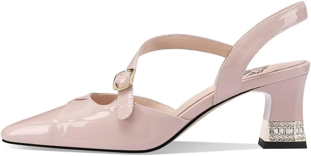 Glossy Patent Leather Women's Closed Toe Rhinestones Block Heels Handmade Strap Buckle Sandals