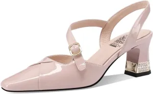 Glossy Patent Leather Women's Closed Toe Rhinestones Block Heels Handmade Strap Buckle Sandals